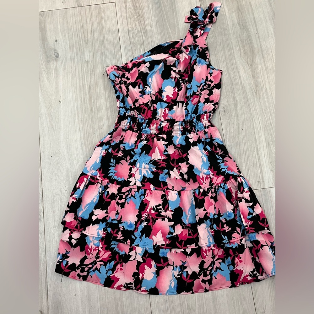 Pink and Blue One Shoulder Sundress for Wedding Guest